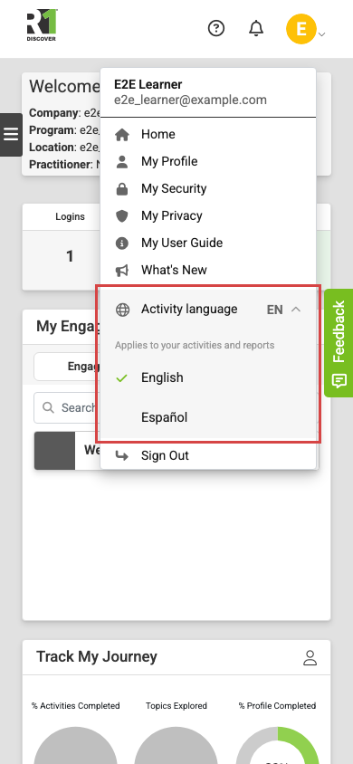 The profile menu on a phone with the Activity language row expanded, showing the current language code beside a globe icon and the list of available languages, each written in its own name.