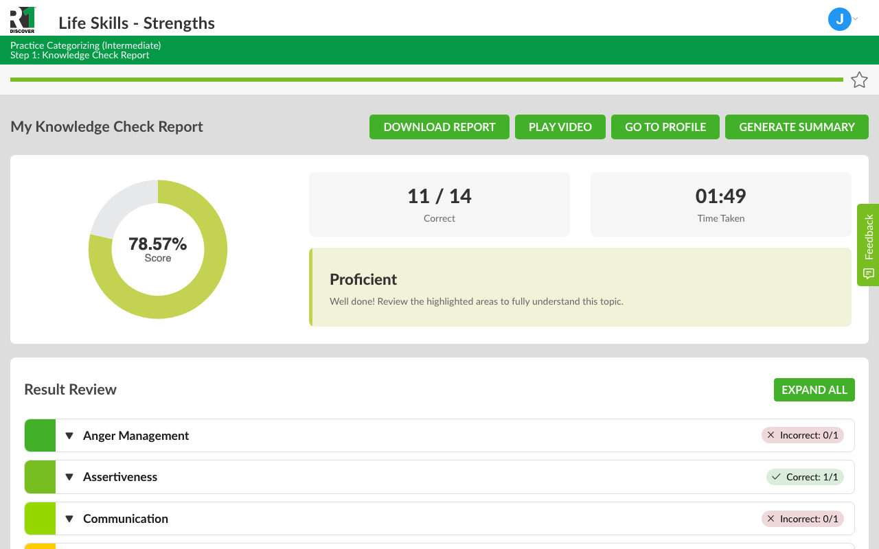 A knowledge check report headed "My Knowledge Check Report", with a doughnut showing 78.57% Score, tiles reading "11 / 14 Correct" and "01:49 Time Taken", a Proficient band with the message "Well done! Review the highlighted areas to fully understand this topic", and a Result Review list below marking each model category Correct or Incorrect