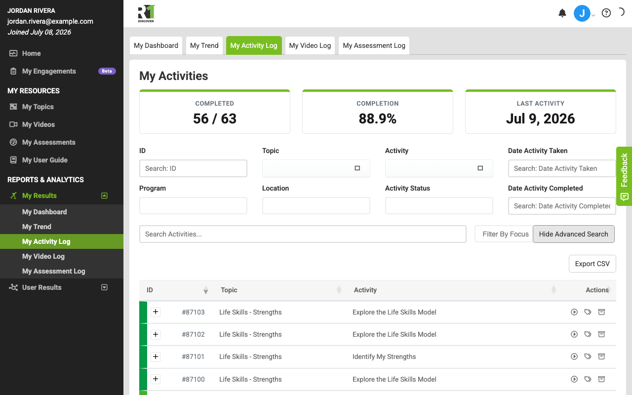The My Activity Log with Advanced Search expanded, showing per-column filter fields for ID, Topic, Activity, Date Activity Taken, Program, Location, Activity Status, and Date Activity Completed.