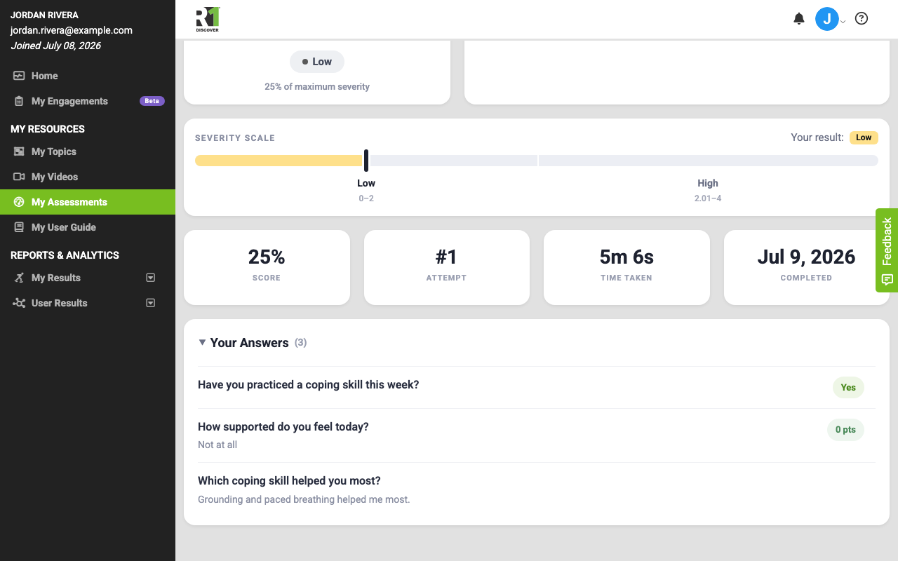 The lower part of the results report showing summary tiles for Score, Attempt, Time Taken, and Completed date, and an expanded "Your Answers" section listing each question with the response the learner gave.