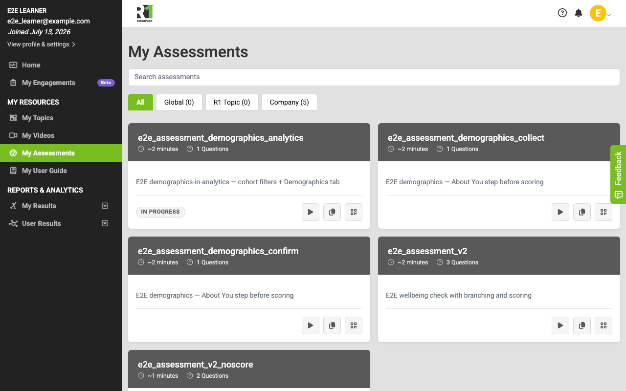 The My Assessments page with a heading, a search box, category filter tabs labeled All, Global, R1 Topic, and Company, and a grid of assessment cards each showing a title, estimated time, and question count.