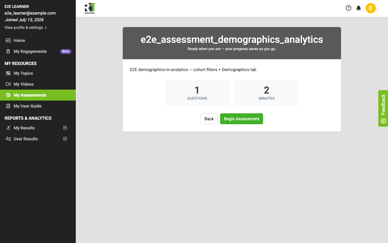 The assessment overview screen showing the assessment title, a short description, tiles for the number of questions and estimated minutes, and Back and Begin Assessment buttons.
