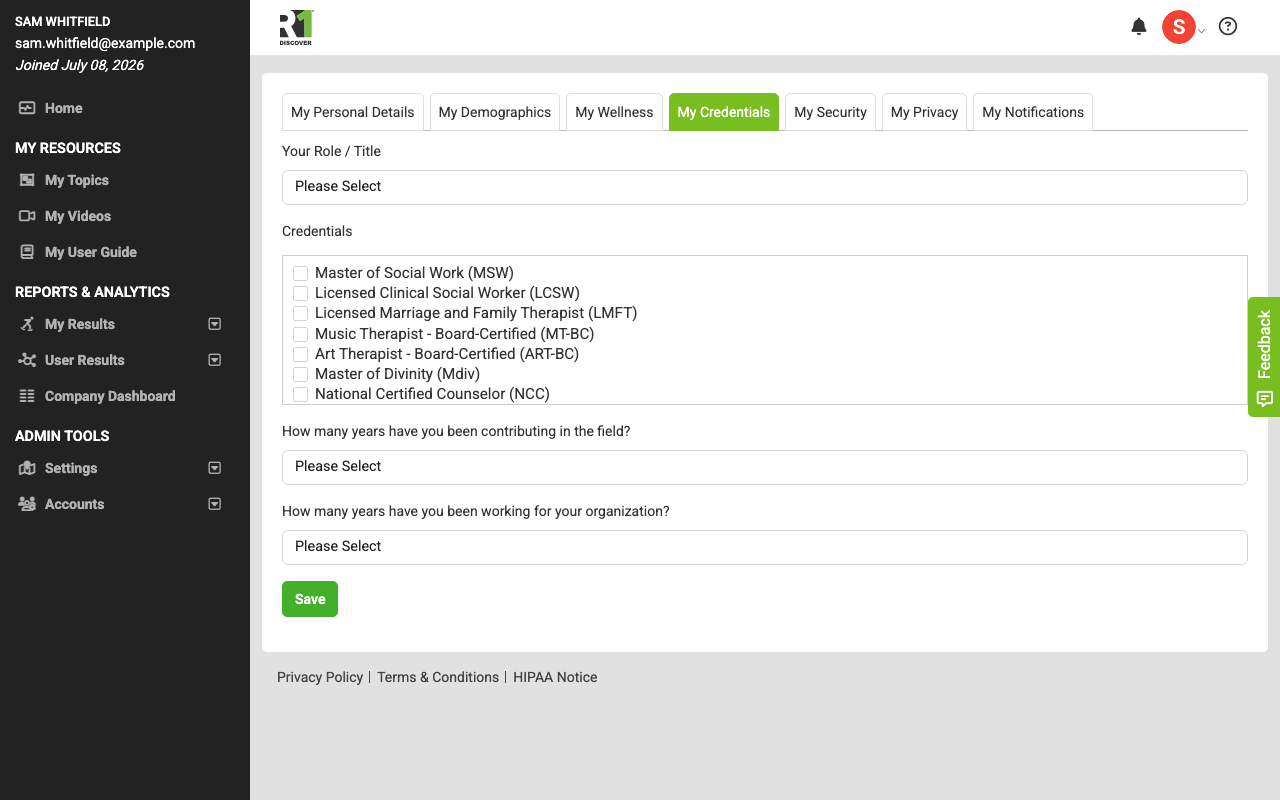 The My Profile settings page with the My Credentials tab highlighted in the tab bar