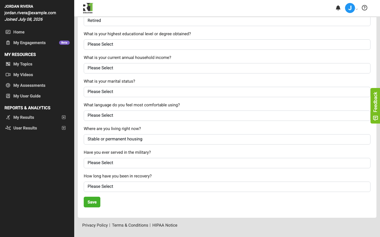The lower portion of the My Demographics tab showing the employment status, education, household income, marital status, language, housing, military service, and time-in-recovery questions above the Save button