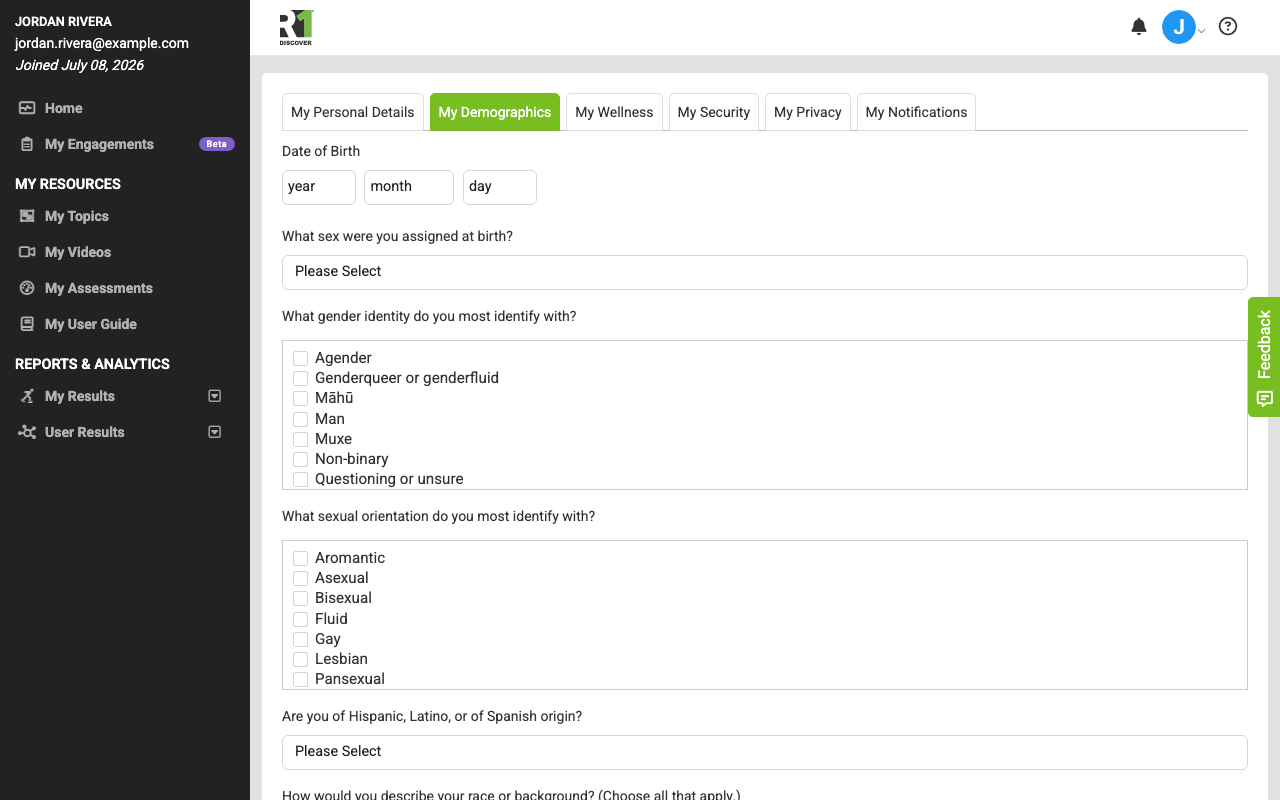The My Profile settings page with the My Demographics tab highlighted in the tab bar