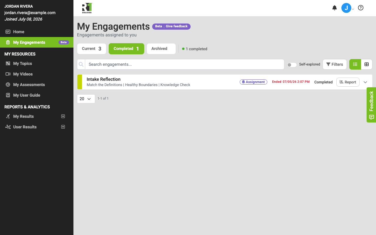 The Completed tab of My Engagements showing a finished engagement with the date it ended, a Completed status, and a Report button to review it
