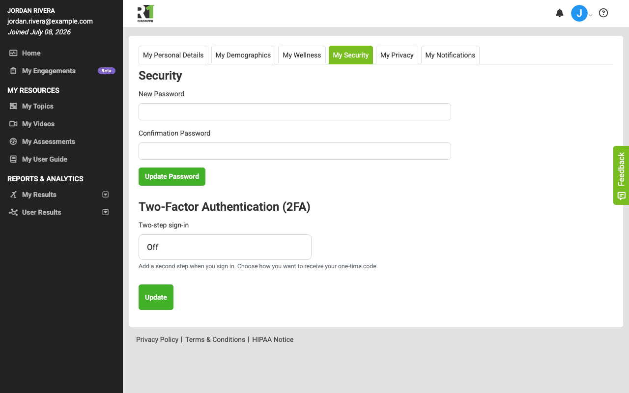 The My Security tab of profile settings, showing the New Password and Confirmation Password fields and the Update Password button used to set a new password