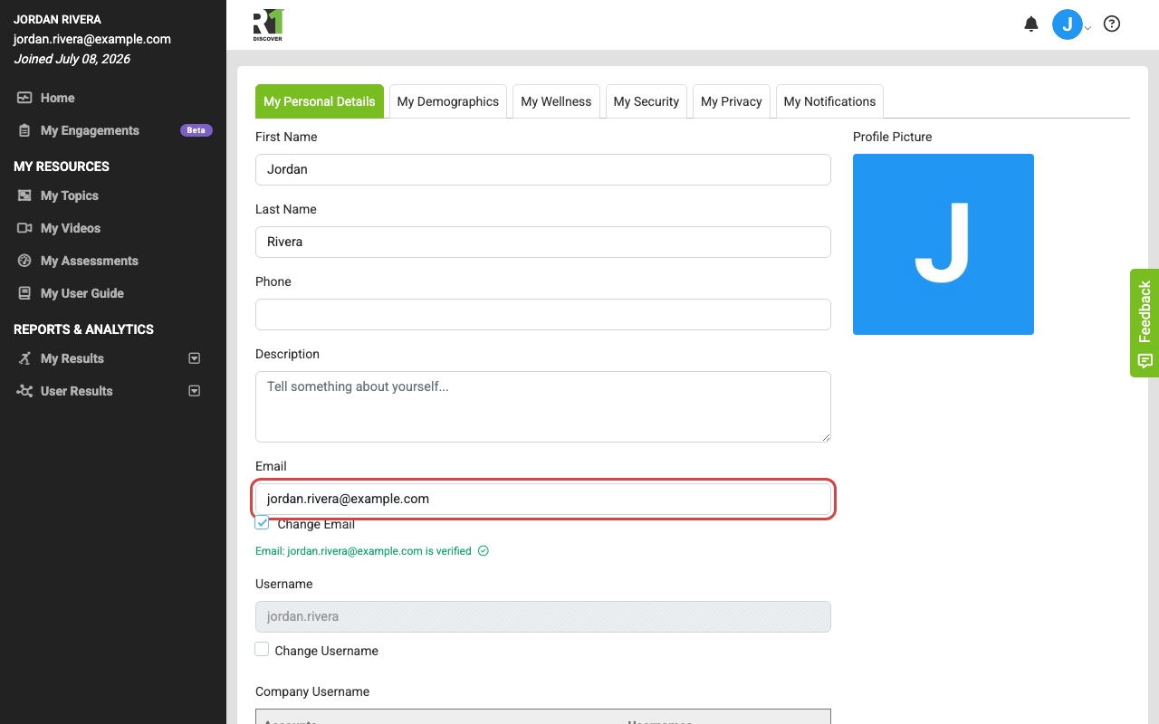 The Personal Details tab with the Change Email box checked, unlocking the email field for editing, with the current verified email shown below.