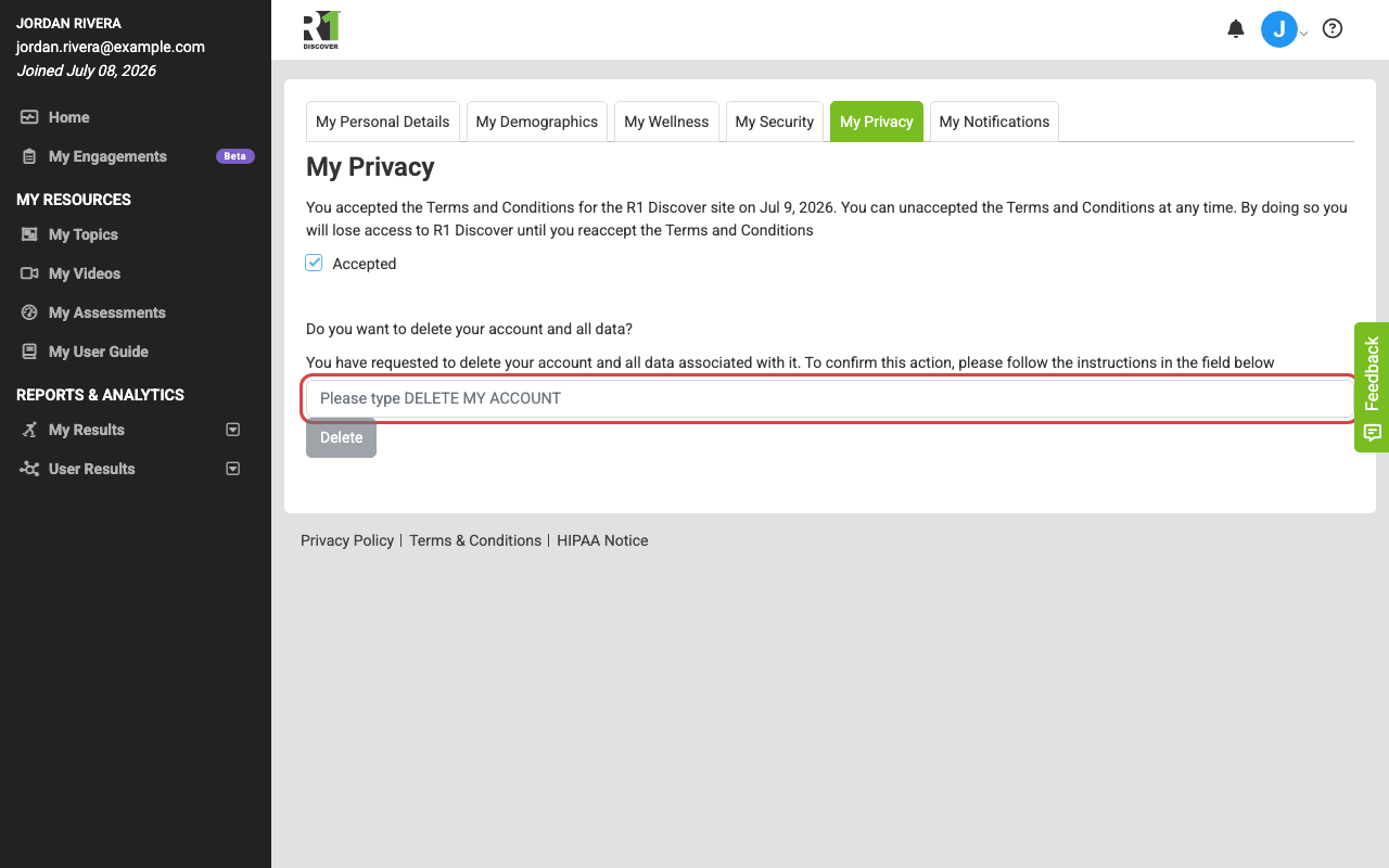 The My Privacy tab after clicking Delete Account and Data, showing the confirmation field where you must type DELETE MY ACCOUNT and the final Delete button.