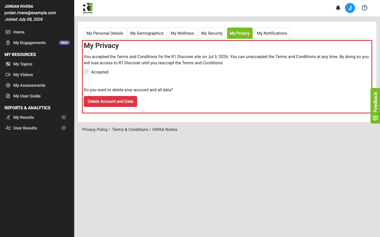 The My Privacy tab on the My Profile page, showing the Terms and Conditions acceptance checkbox and the Delete Account and Data button.