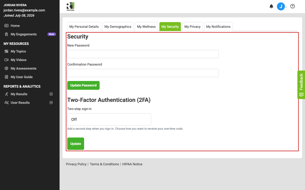 The My Security tab on the My Profile page, showing the New Password and Confirmation Password fields with the Update Password button, and the Two-Factor Authentication section below.
