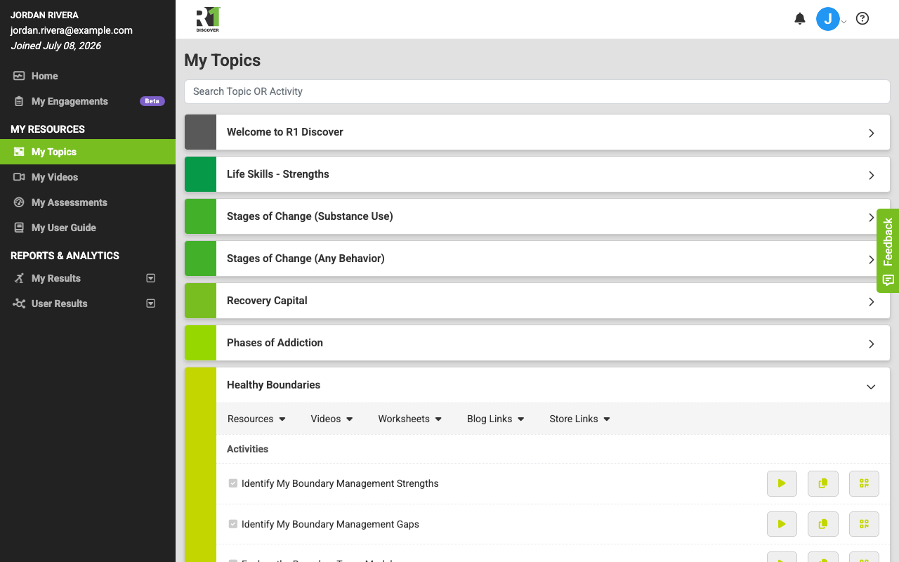 An expanded topic on the My Topics page showing its Activities and Knowledge Checks lists, with a completion checkmark beside each activity and Start Activity, Copy URL, and QR Code buttons on the right