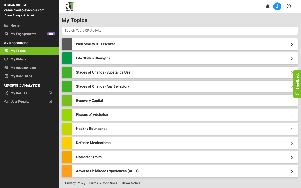 The My Topics page showing the search bar and the list of color-coded topics that can be expanded to reveal resources and activities