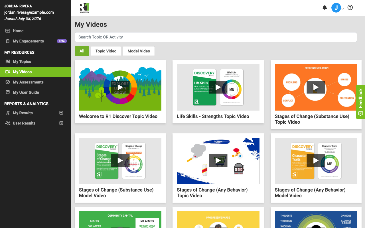 The My Videos page showing the search bar, category tabs, and a grid of video thumbnails organized by topic