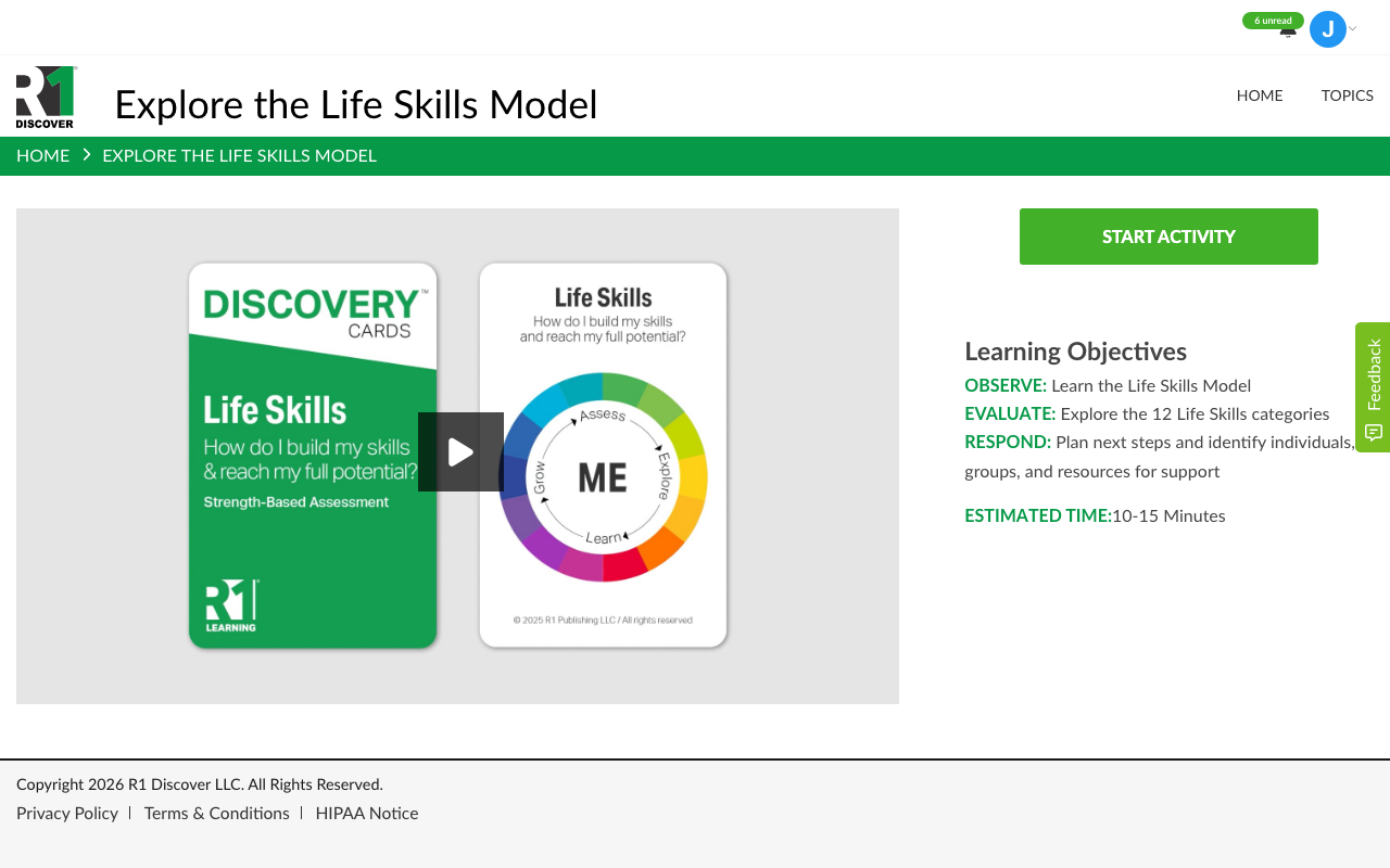 The intro page for an Explore activity, showing the topic cards and video on the left and a green Start Activity button with the Learning Objectives (Observe, Evaluate, Respond) and estimated time on the right