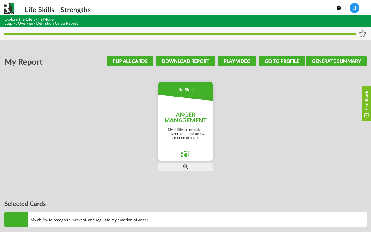 The final report for an Explore activity, headed "My Report", with Flip All Cards, Download Report, Play Video, Go to Profile, and Generate Summary buttons, a selected category card (Anger Management) shown with a zoom button, and a Selected Cards heading below