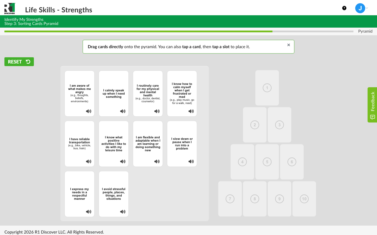 Step 3 of an Identify activity, the pyramid. The ten selected cards sit on the left, and an empty ranking pyramid with numbered slots (1 at the top, then rows of 2, 3, and 4) sits on the right, with a Reset button above