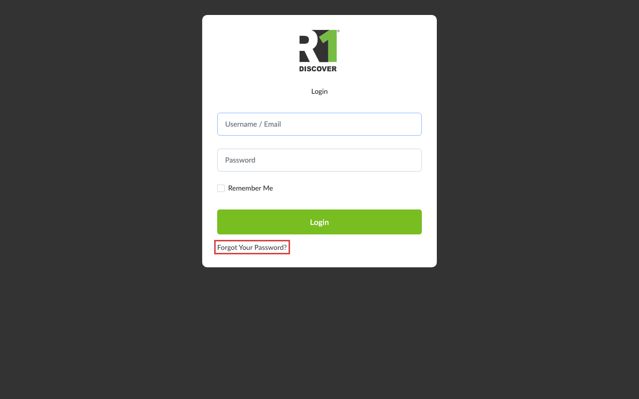 R1 Discover login page with the Forgot Your Password? link highlighted below the sign-in form