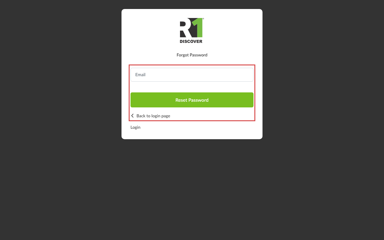 The Forgot Password page with the Email field and the Reset Password button used to request a reset link