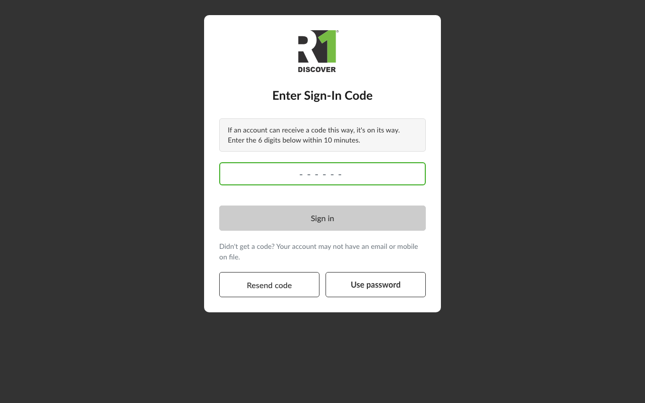 The Enter Sign-In Code page, with a grey box saying the code is on its way, a full-width box for the six-digit code, the Sign in button shown greyed out until all six digits are typed, a note explaining that no code arrives if the account has no email or mobile on file, and a row of two buttons: Resend code and Use password