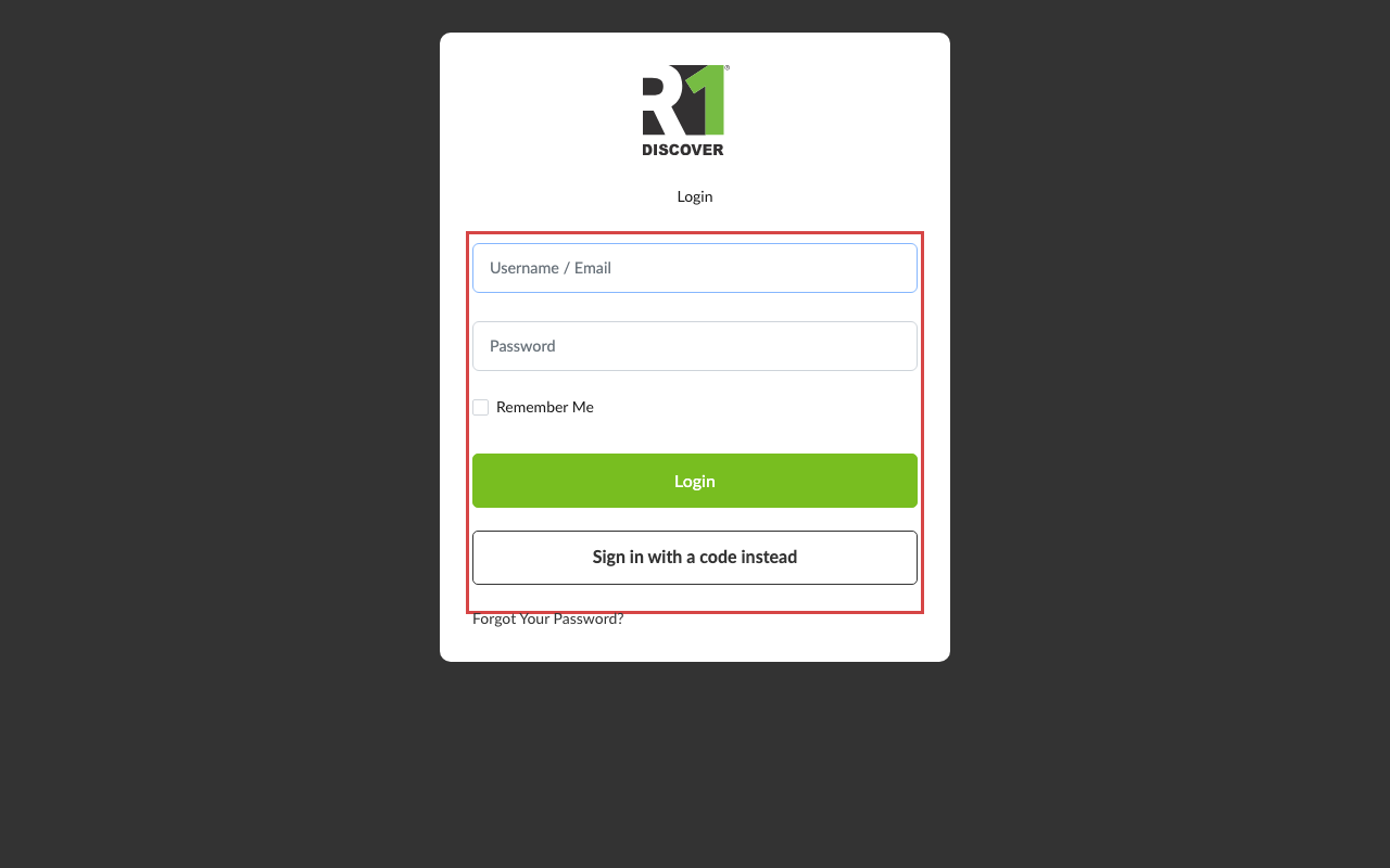 The R1 Discover login page, with the Username / Email box, the Password box, a Remember me checkbox, the green Login button, and below it a Sign in with a code instead button
