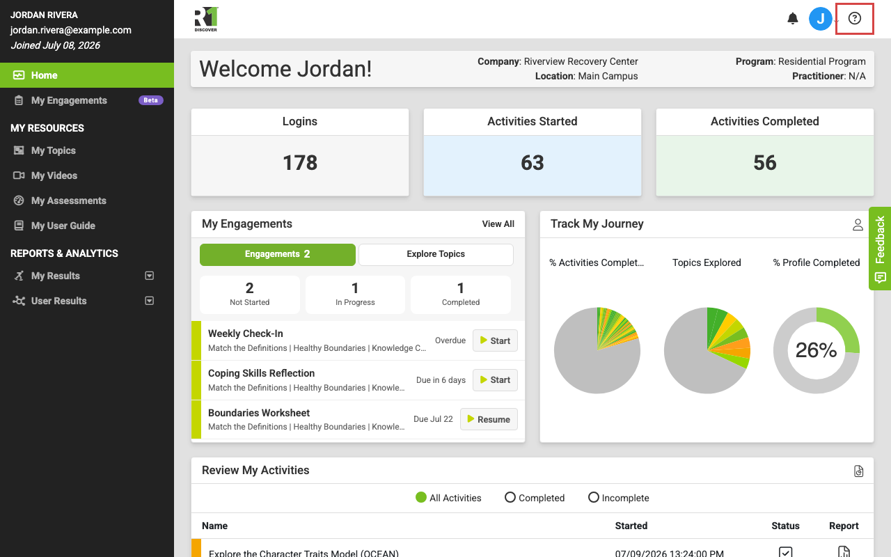 The learner home dashboard, with the contextual help button highlighted in the top navigation